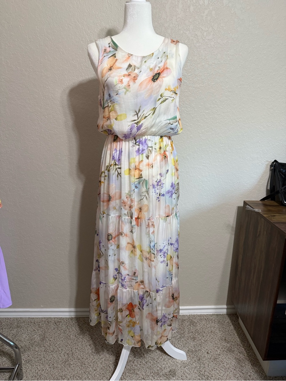 Lara G. Floral Tiered Silk Blend Maxi Dress in White with Pastel Blooms